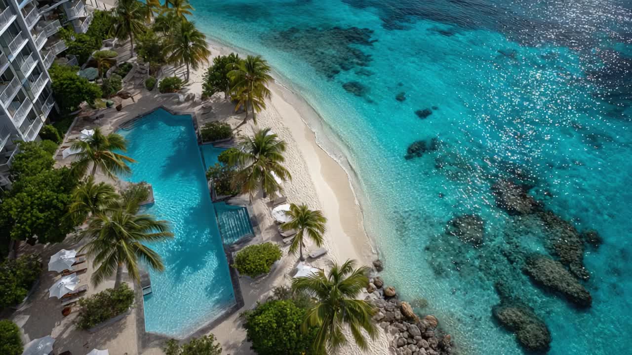 Una serena vista aerea di una spiaggia tropicale, con acque cristalline, spiagge di sabbia bianca e rigogliose palme che circondano una piscina rinfrescante