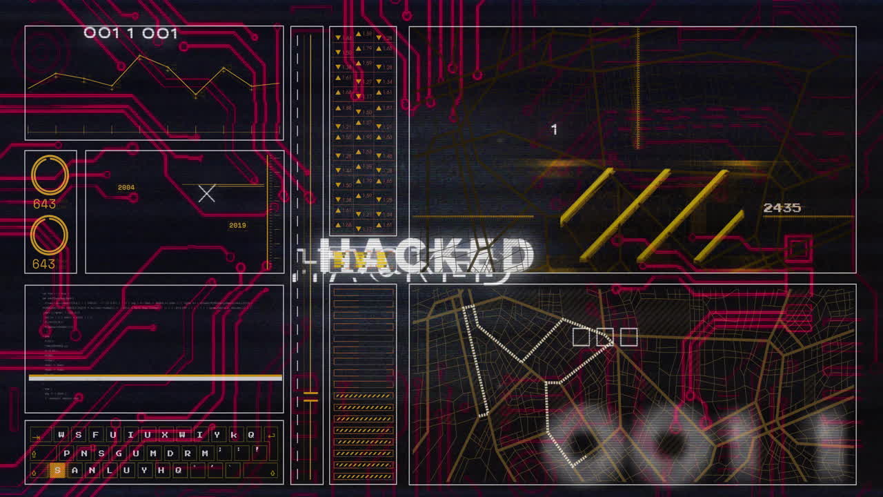 Animation of futuristic digital interface with HACKED text and circuit patterns