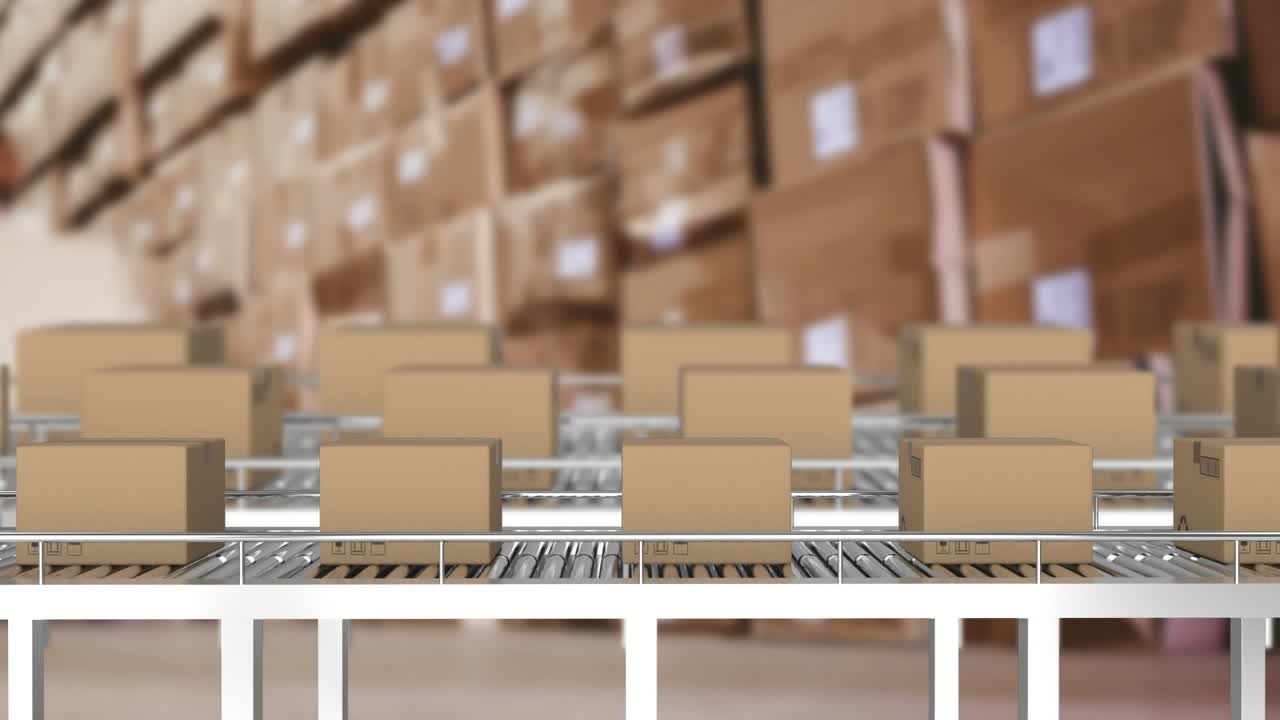 Animation of cardboard boxes moving on conveyor belts over warehouse
