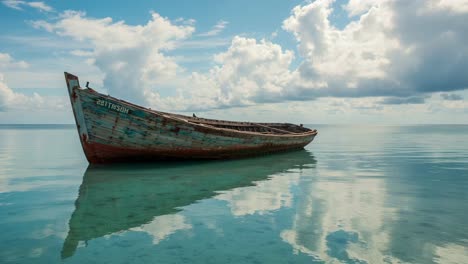 a serene abandoned boat floating on crystal-clear waters under a beautiful sky, capturing the essence of nature’s tranquility and the passage of time