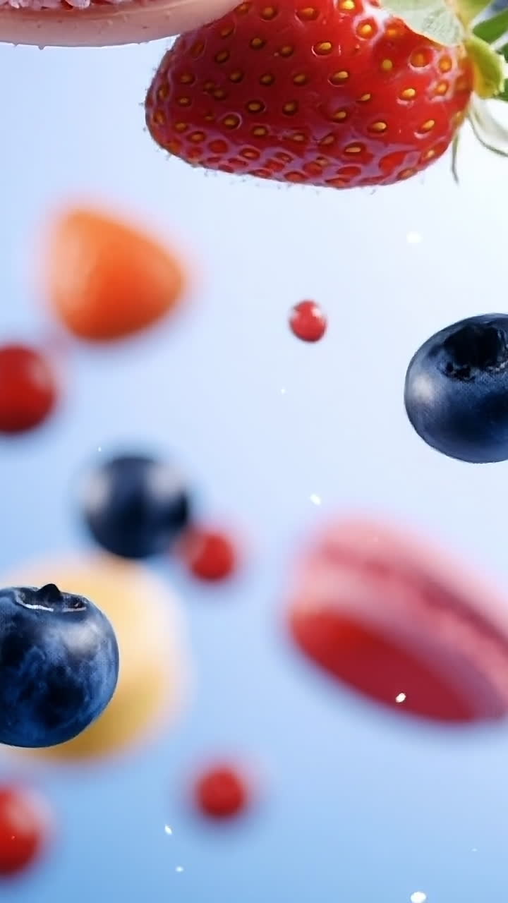 Berries atop colorful macarons. Assorted macarons and vibrant berries float against a bright blue background, creating a lively and sweet composition.