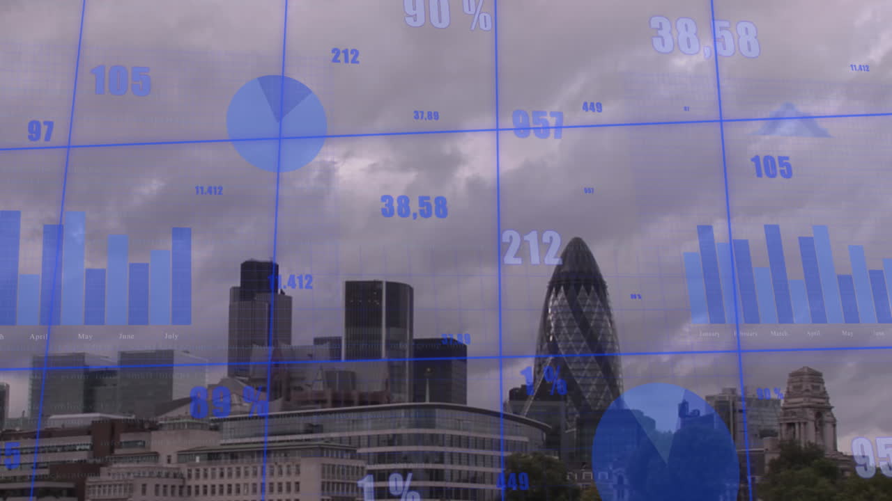 Animation af flere grafer med skiftende tal over time-lapse af by mod overskyet himmel