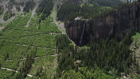 Aerial-View-of-Windy-Trail-Under-Bridal-Veil-Falls,-Telluride-Colorado-USA-Drone-Shot