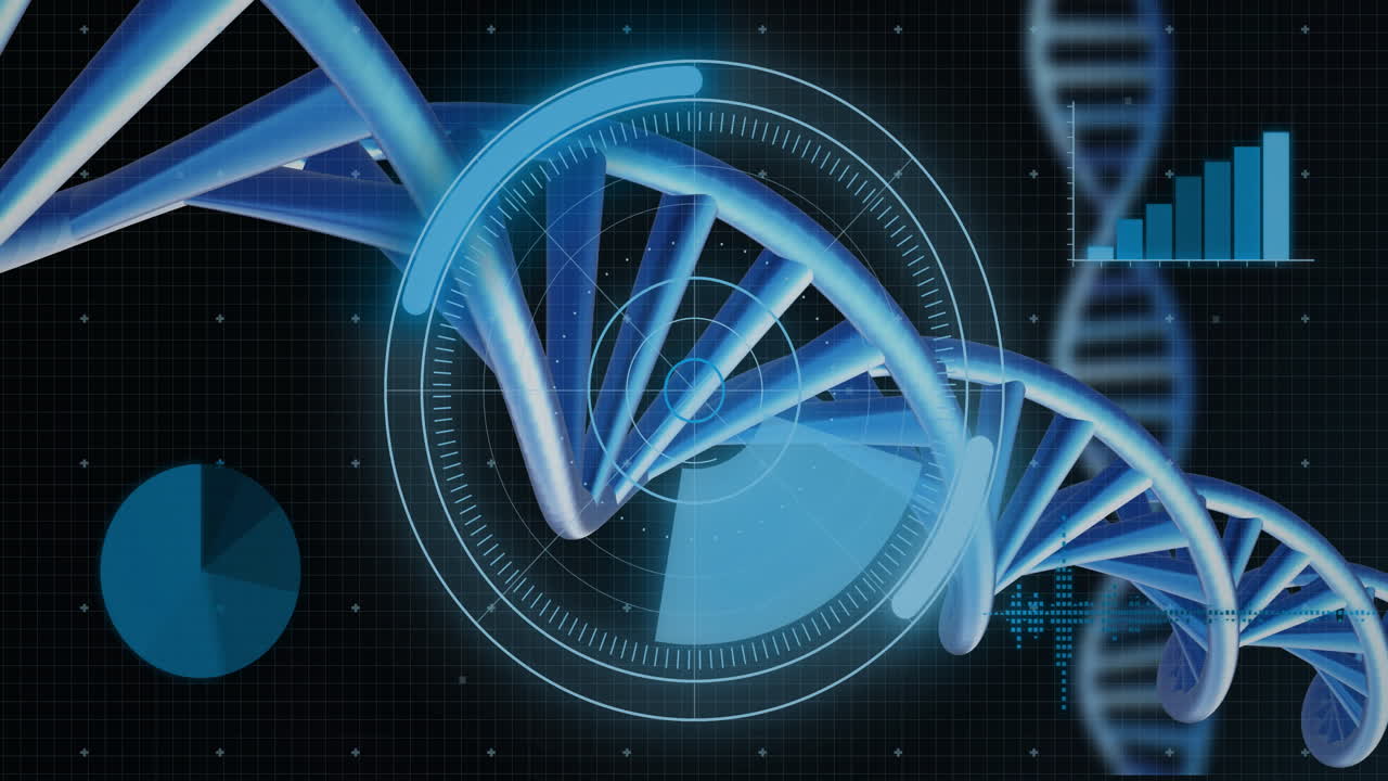 Animation of dna strands spinning with data processing over black background