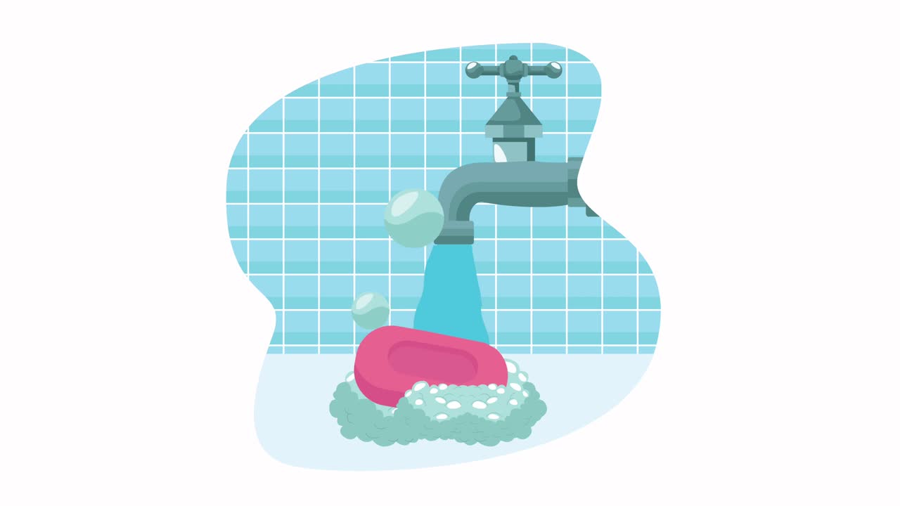 animación global de lavado de manos con jabón en espuma con grifo de agua