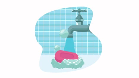 global handwashing animation with soap in foam with water tap