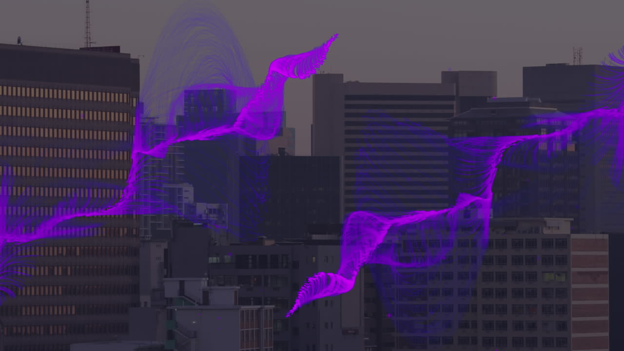 animación de la ola púrpura sobre el paisaje urbano
