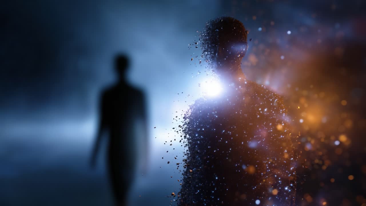 A Mysterious Transformation: A Figure Disappears into Particles Against a Dreamlike Background of Light and Shadows Creating an Atmosphere of Intrigue and Wonder