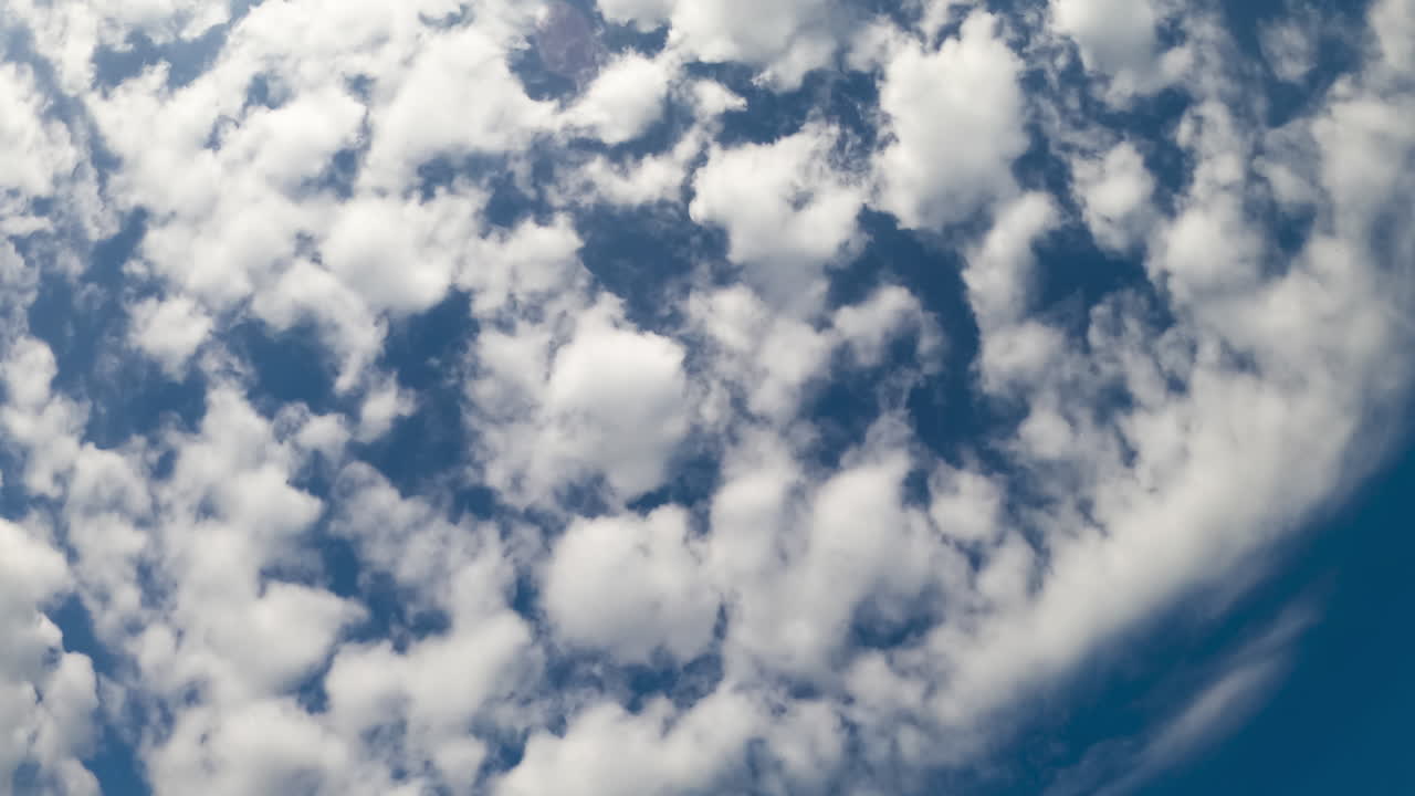 Cumulus clouds in the dark blue sky. Soft white clouds flying in the horizon. Low angle view. Timelapse.