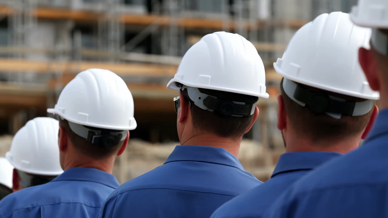 Construction Workers In White Helmets Standing Rear View Of Crew In Blue Uniforms Attending Safety Briefing