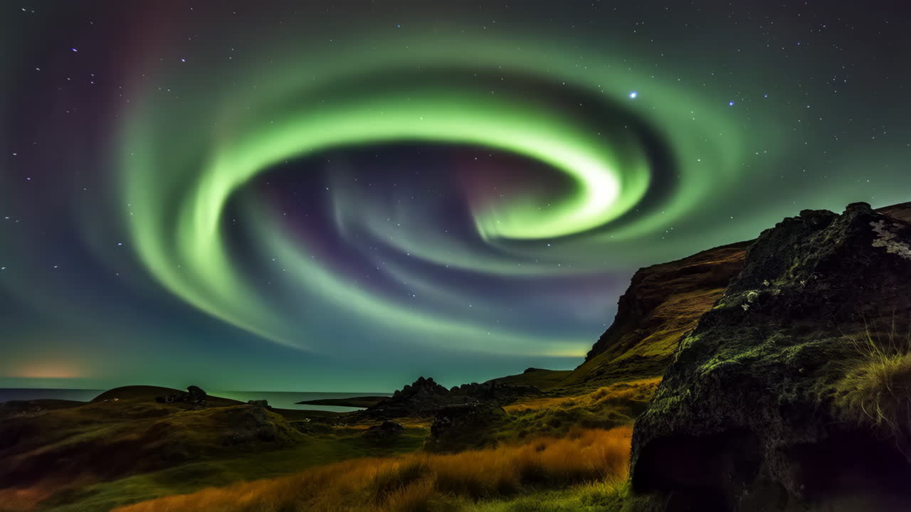 Vibrant Aurora Borealis Swirls Over a Rocky Coastal Landscape at Night