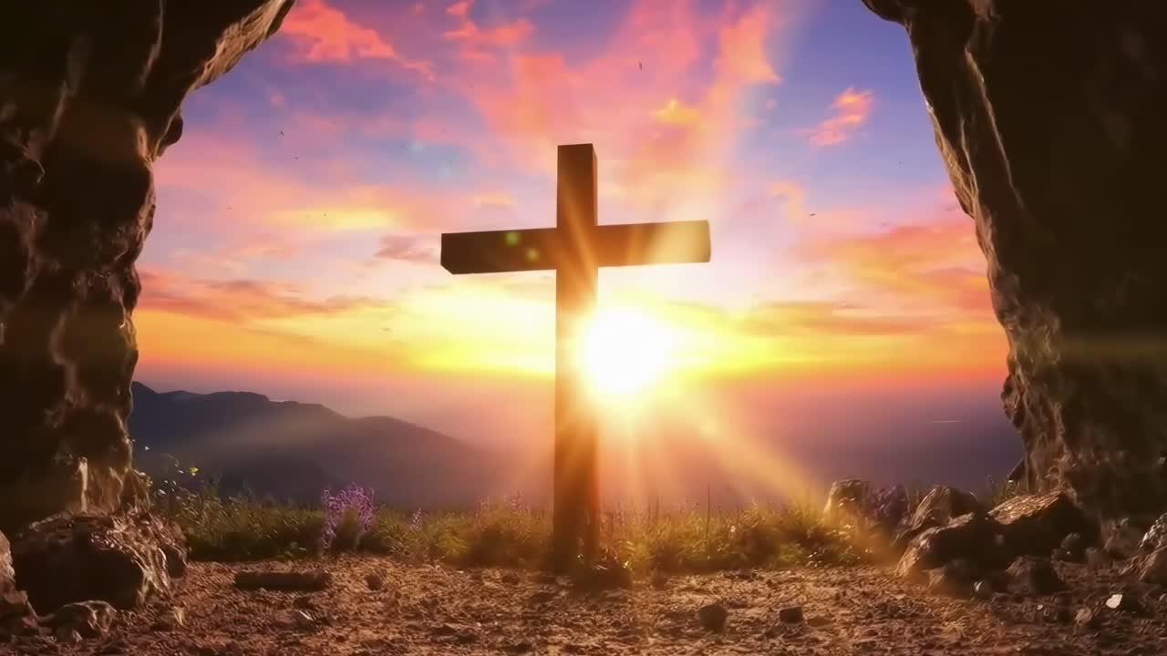 Video drammatico dal basso di una croce stagliata contro un vibrante tramonto, da una prospettiva di grotta.