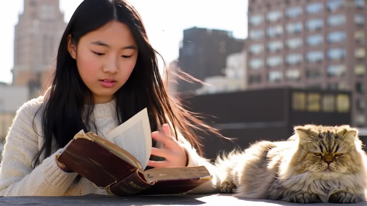 A Young Girl Enjoys a Book on a Sunny Day with Her Relaxed Cat, Capturing a Serene Moment of Reading and Companionship in a Urban Landscape