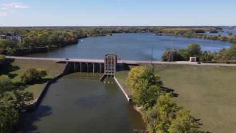 ypsilanti dam with road bridge over it, aerial drone view