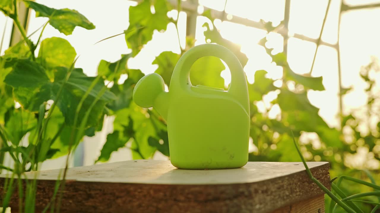 Slow motion pan reveals green watering can in glowing Latvian sunset greenhouse