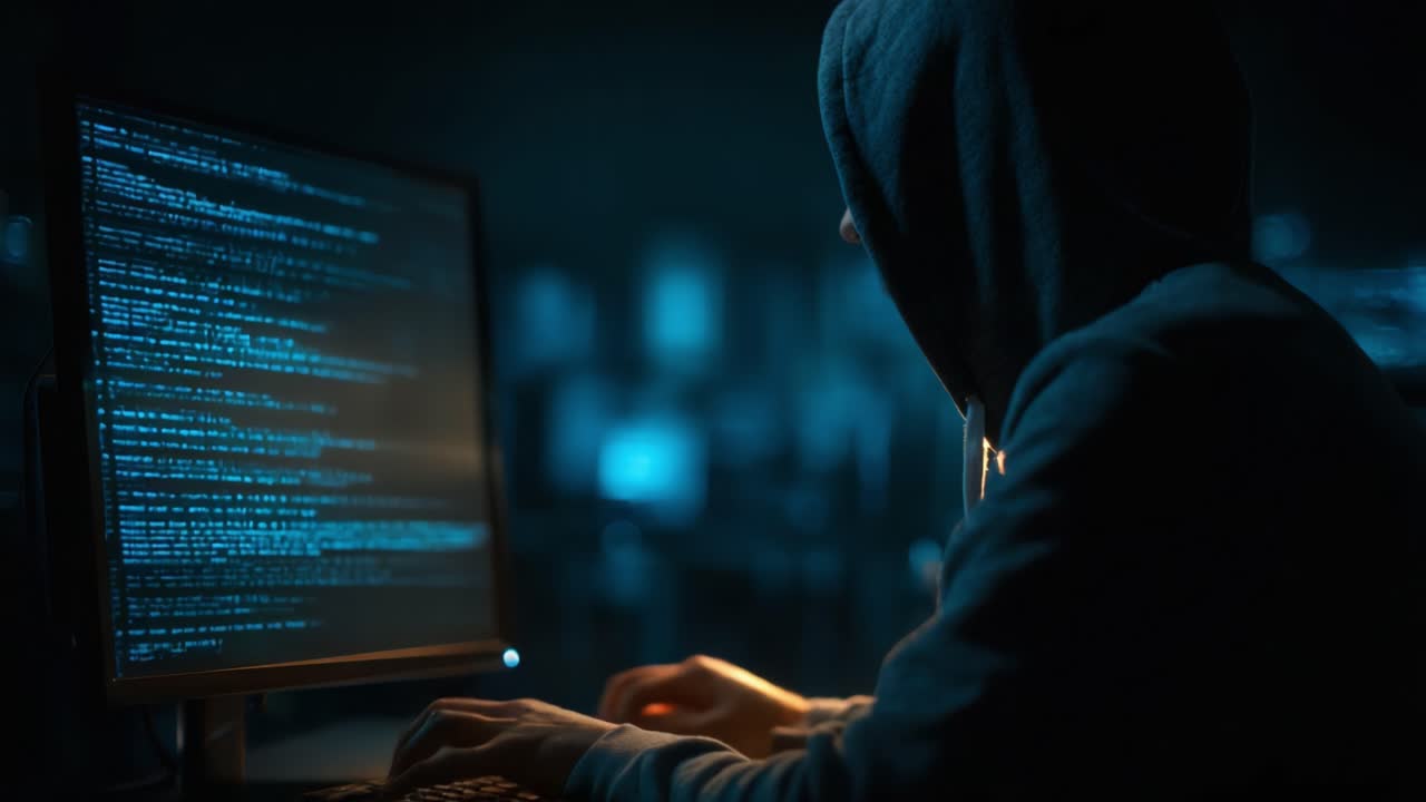A Mysterious Figure Engaged in Deep Focus, Surrounded by Darkness, Analyzing Code on a Computer Screen, Capturing the Essence of Technology and Intrigue