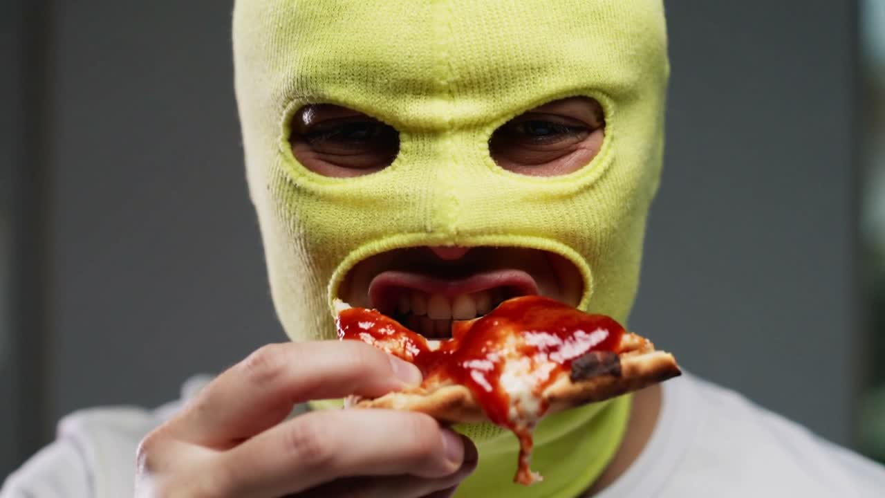 Hunger treibt einen maskierten Mann mit neon-gelber Sturmhaube an, der nah in ein Pizzastück beißt, wobei der Käse Fäden zieht.