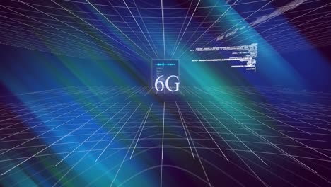 animación de texto blanco 6g, sobre procesamiento de datos y globo, con cuadrícula móvil, en azul oscuro
