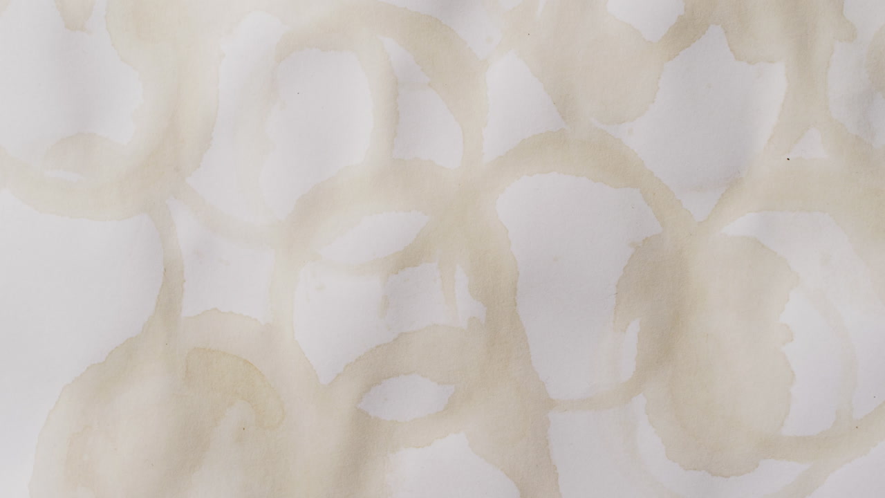 ⁇  배경 에 둥근 커피 컵 얼룩 이 있는 종이 조각 의 클로즈업 동영상