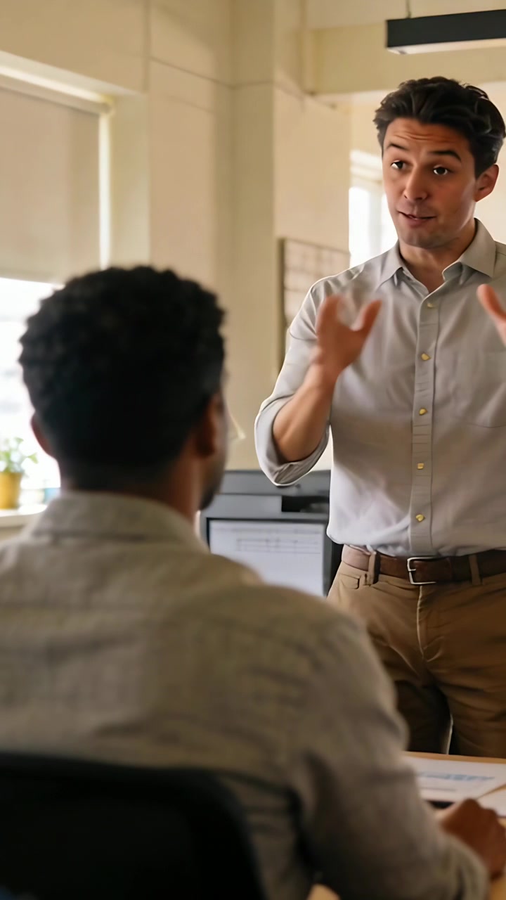 Vertical video: Starting talk, standing man, sleeves rolled explaining papers to colleague at desk