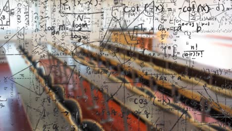 digital composition of mathematical equations and formulas floating against empty classroom