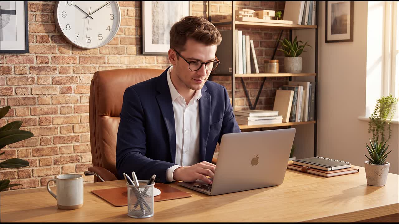 Uomo d'affari che lavora al laptop in un ambiente d'ufficio accogliente, con tazza di caffè e scrivania organizzata.