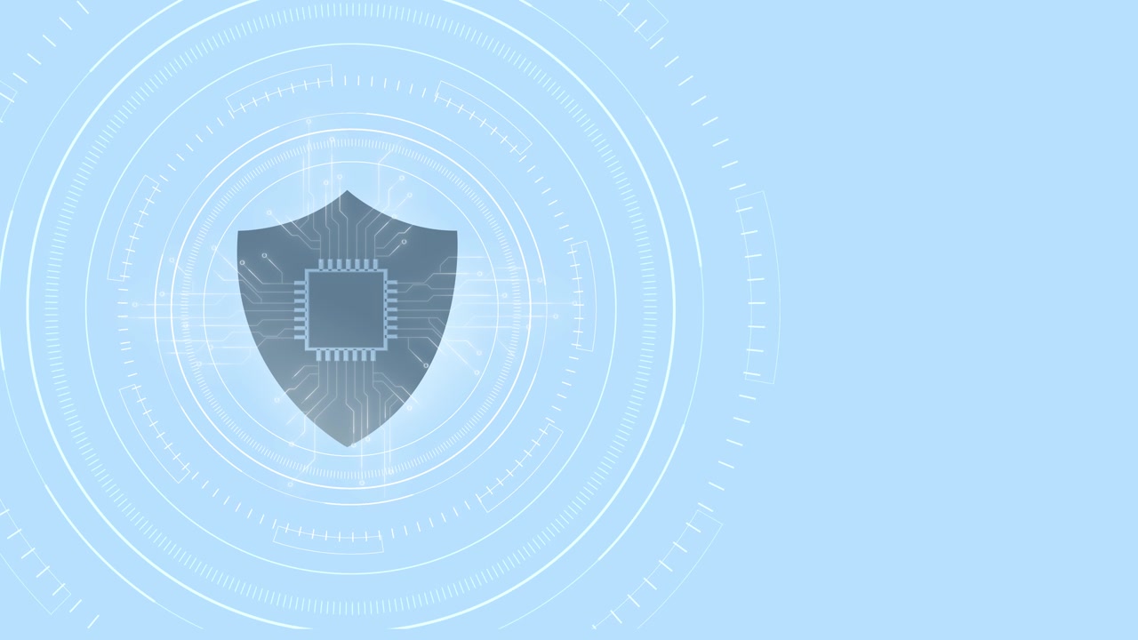 Cyber security shield interface chip icon pale blue hud rings circuit details and clean copy space