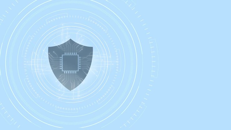 Cyber security shield interface chip icon pale blue hud rings circuit details and clean copy space
