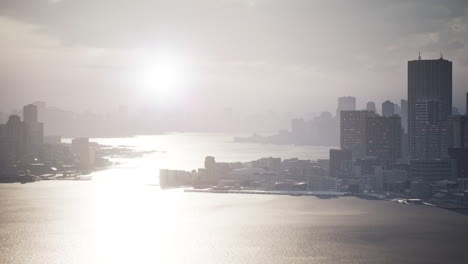 skyline aerial view at sunset with skyscrapers