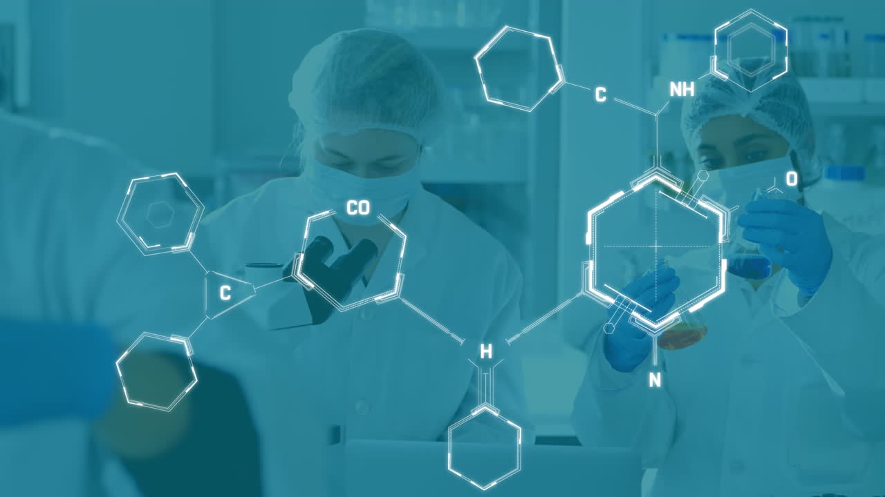 다양한 과학자가 현미경을 사용하여 플을 조사하는 분자 구조의 애니메이션