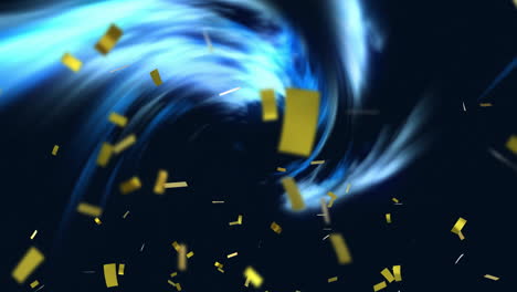 golden confetti falling into swirling blue vortex in animated background