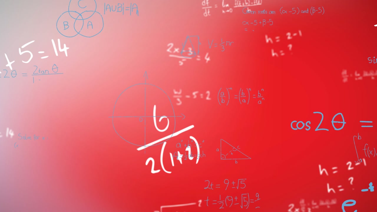 Animation of mathematical equations and formulas floating against red gradient background