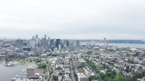 Aerial-drone-wide-shot-of-Seattle-downtown-skyline-and-South-Lake-Union