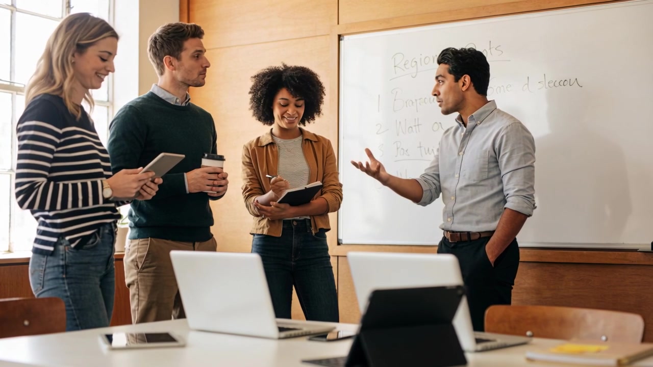 Presenting man in light grey shirt raising hand, leading discussion in meeting room with whiteboard