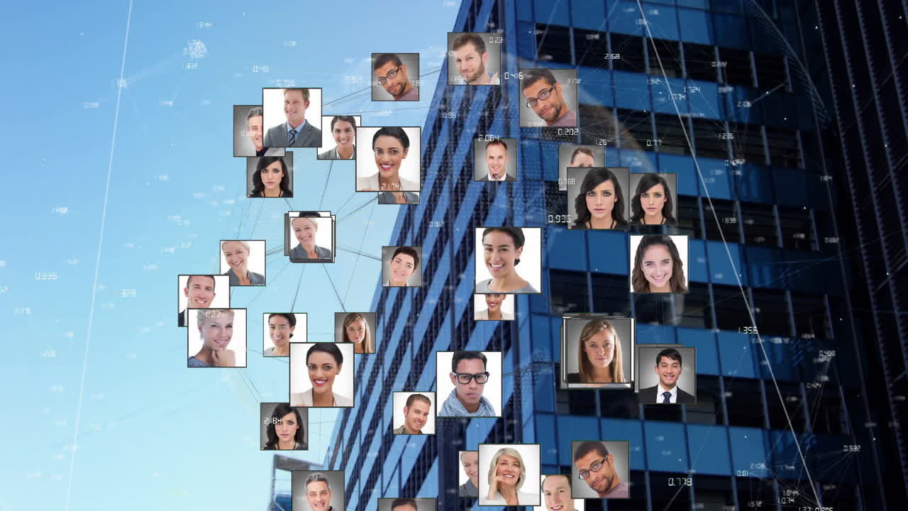 Animation of globe of network of connections with people photos over cityscape