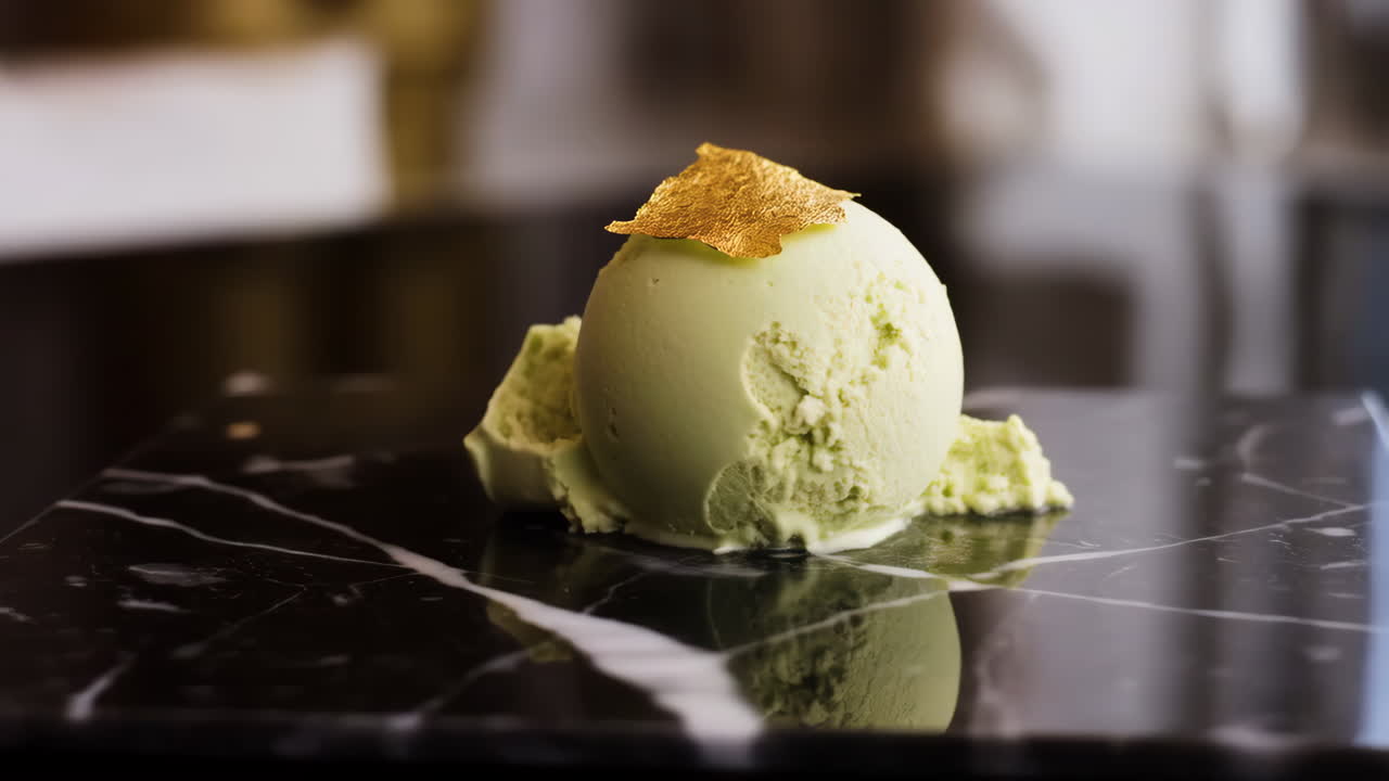 Gourmet Pistachio Ice Cream Scoop with Gold Leaf on Marble