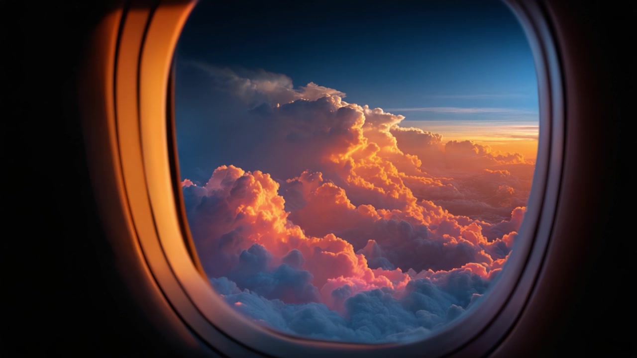 Una vista mozzafiato di nuvole colorate al tramonto attraverso il finestrino di un aereo, che cattura la bellezza e la serenità del volo nel cielo sopra il mondo.
