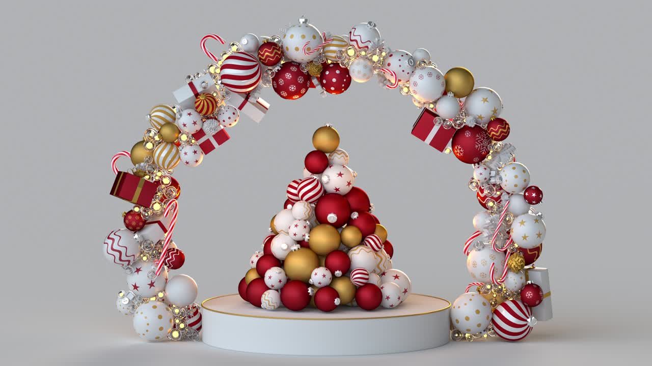 공과 장식품의 크리스마스 트리 3d 렌더 애니메이션