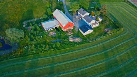 barn house and farm field in rural norway - drone shot