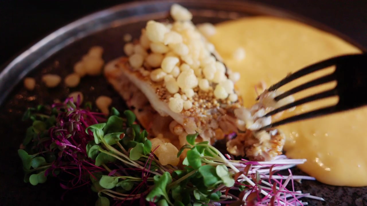 Close up of a gourmet fish dish with creamy sauce, pine nuts, and colorful microgreens