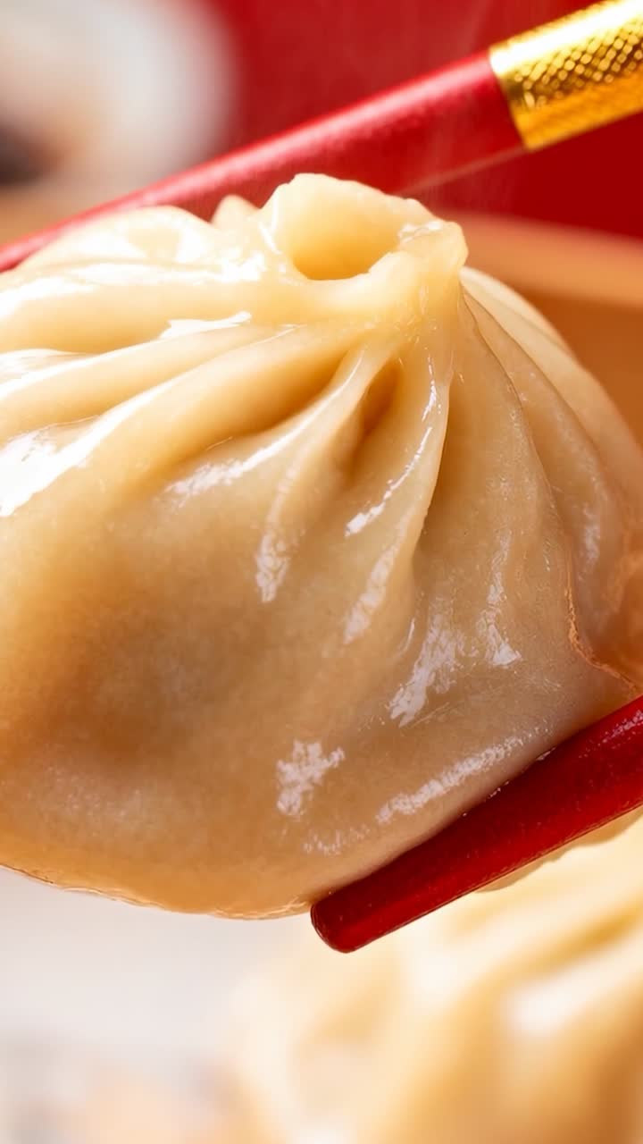 Vertical video: Entering upper-right, red chopsticks lifting xiao long bao at table, showing pleats