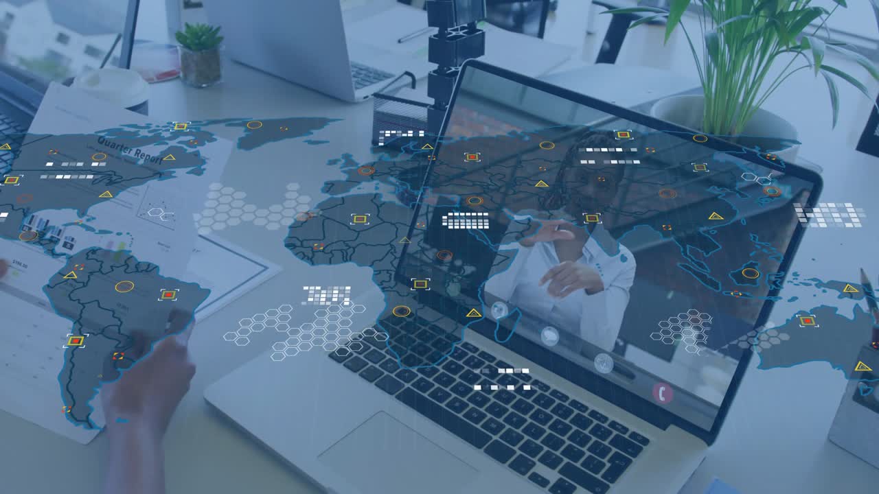 User initiating online call, activating hologram map as business consultant guiding data clustering