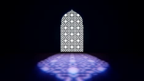 islamskie wnętrze meczetu okno lub drzwi z wiązką światła promieniowania wchodzącego do środka. ramadan kareem islamskie tło ruchu. animacja 3d.