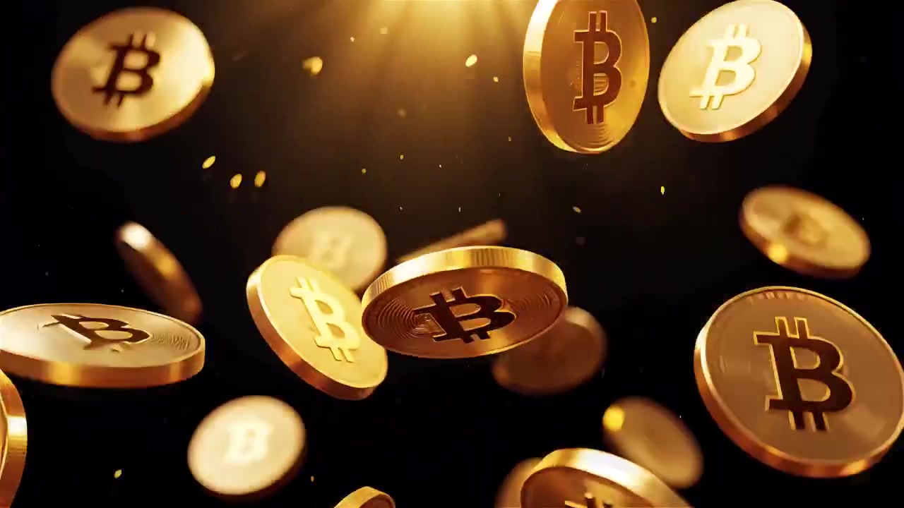 Bitcoin girando em fundo preto dramático 4K