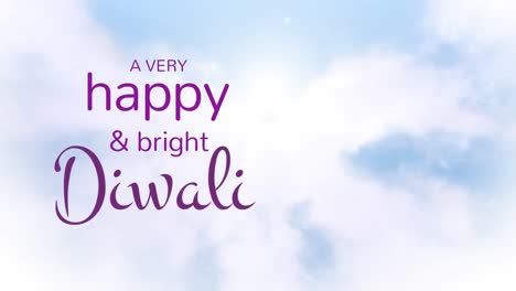animación del feliz texto de diwali sobre el cielo azul y las nubes