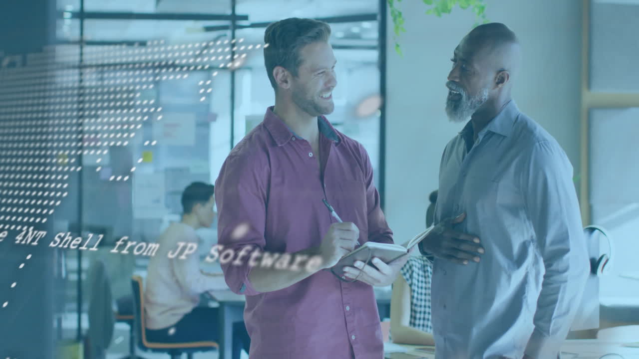 Two men discussing in office with software code animation overlay
