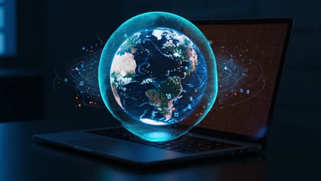 a stunning representation of global connectivity: a 3d model of earth projected above a modern laptop, showcasing digital interaction and technological advancement