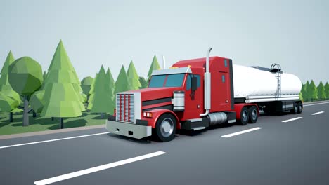 front view camera follows american semi truck with petrol or oil tank on cargo trailer and driving on highway. low poly graphics.