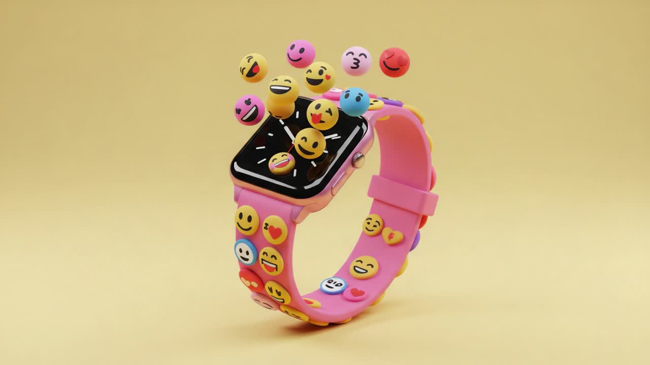 A Vibrant Pink Watch Adorned with Colorful Emoji Faces, Capturing the Essence of Fun and Modern Technology in a Whimsical Display Against a Soft Yellow Background