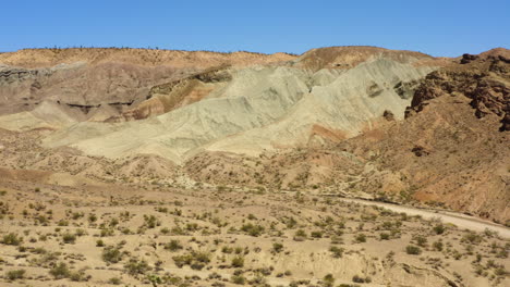 camino de tierra sinuoso frente a las grandes formaciones geológicas y montañas en la cuenca del arco iris en el desierto de mojave